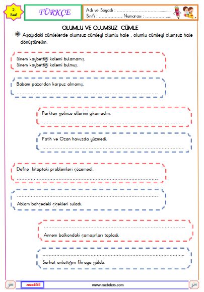 2. Sınıf Türkçe Olumlu ve Olumsuz Cümle  Etkinliği
